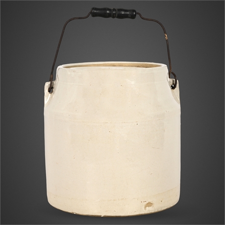 Antique Stoneware Lidded Cream Pail with Wood & Steel Handle