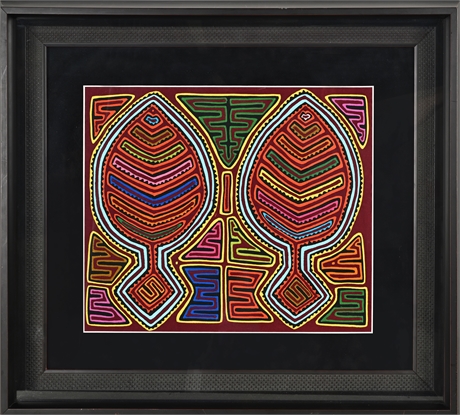 Dual Fish Harmony, Guna Mola Shadowbox 22″ × 24″