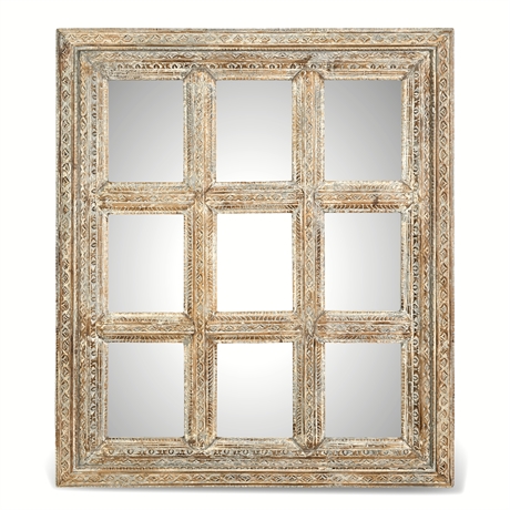 Rajasthani Jharokha Carved Wood 9-Pane Mirror — 63½" × 53½"
