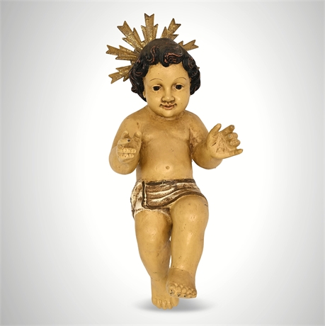 Polychromed Resin Christ Child Santo with Gilt Sunburst Halo