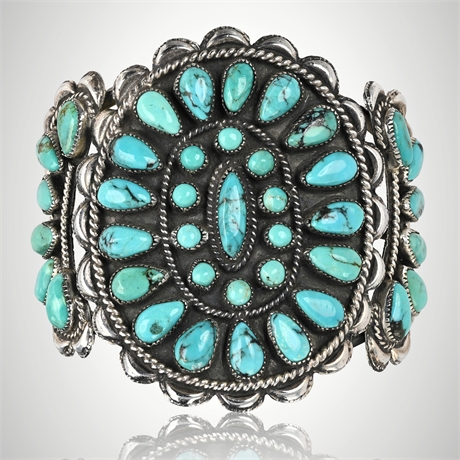 Exceptional 1960s Navajo BTC Sterling Silver & Kingman Turquoise Cluster Cuff