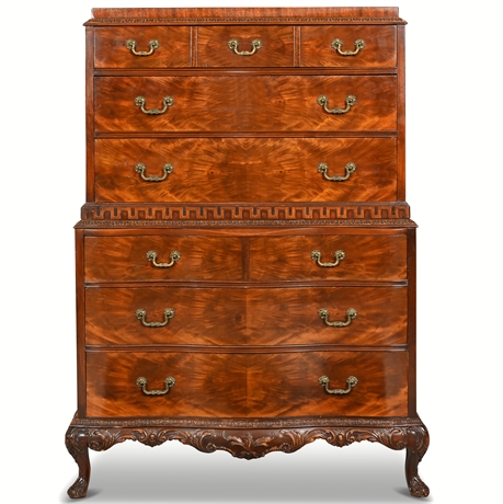 Romweber Chippendale Flame Mahogany Ornate Carved Bowfront Chest on Chest