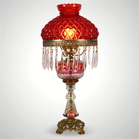 C.W. Keller Deming NM Cranberry Glass Banquet Lamp w/ Prisms, 24"