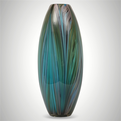 Artist’s Co-op Hand Blown “Peacock Feather” Art Glass Vase — 20" Tall, Signed