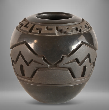 Santa Clara Carved Blackware Pot By Harrison  Begay Jr. 1997