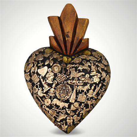 Mexican Folk Art Sacred Heart with 55 Milagros – Wall Hanging