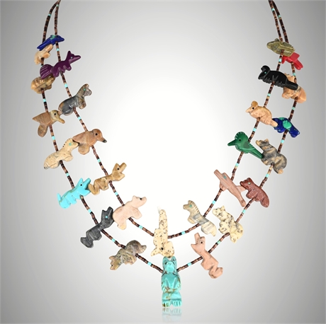 Zuni Double-Strand Fetish Necklace – Turquoise, Coral, Lapis & Sterling