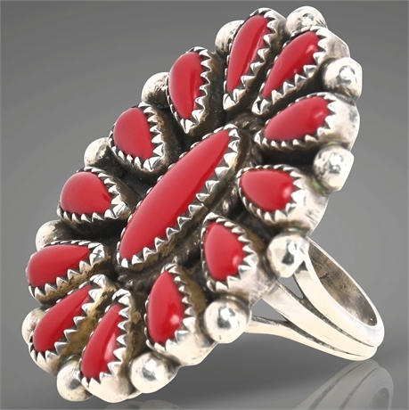 Mike Platero Navajo Coral & Sterling SIlver Cluster Ring
