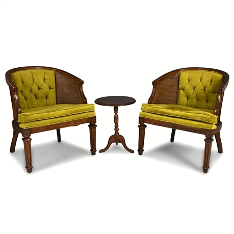 Pair R.L. Bush Cane Barrel Back Tufted Club Chairs with Tilt-Top Table