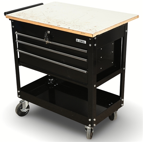 US General Rolling Tool Storage Cart with Wood Worktop