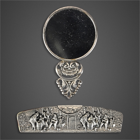 Danish Silver Repoussé Hand Mirror & Comb Set, Pastoral Village Scene