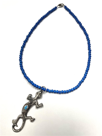 Sterling Silver Lizard Pendant On Beaded Necklace