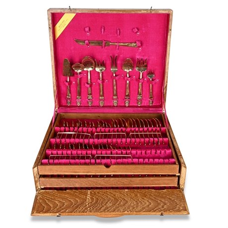 132-Pc Siam Brass Flatware Set in 3-Tier Velvet-Lined Solid Wood Case