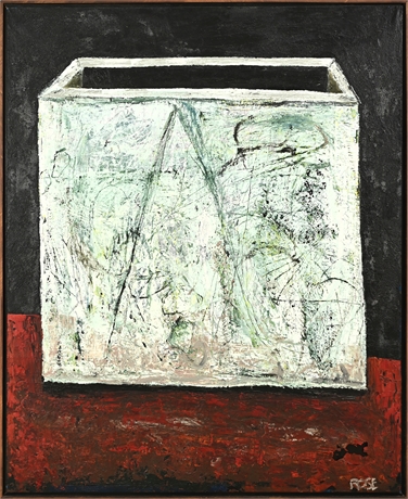 Modernist Vessel Still Life Signed Rose — Heavy Impasto, Framed