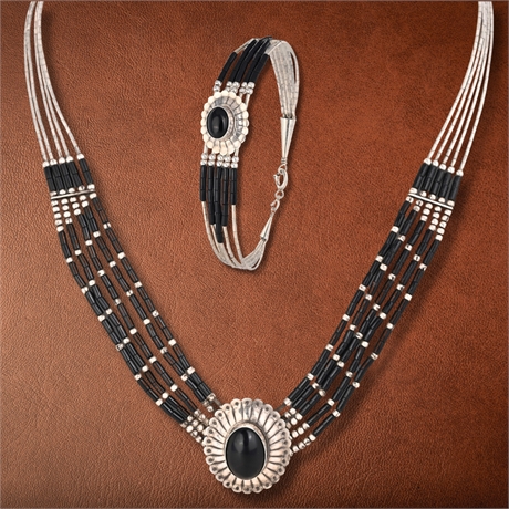 Navajo Sterling Silver & Onyx 5-Strand Necklace & Bracelet Set