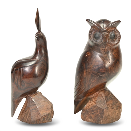 Carved Ironwood Quail & Owl Sculptures