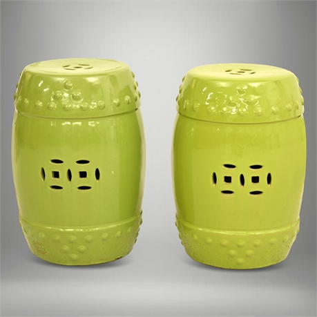 Ceramic Garden Stools Lime Green Glaze — Pair, 19"H, Coin Motif