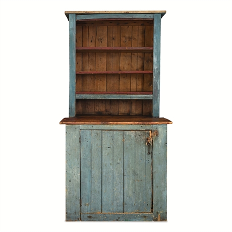 Primitive Blue & Red-Painted Pine Stepback Cupboard, 19th C.