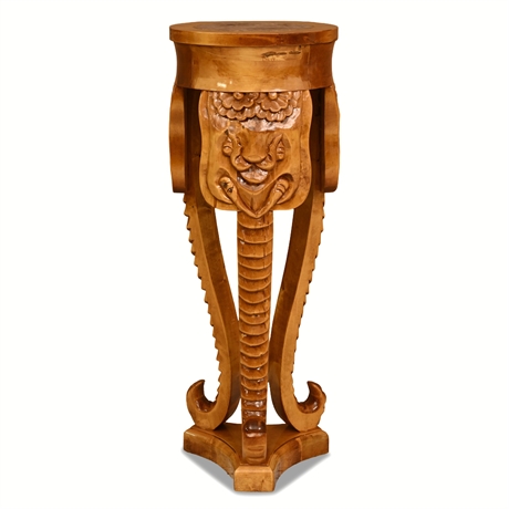 Lion Mask Pedestal, Carved Teak with Marble Inlay Top