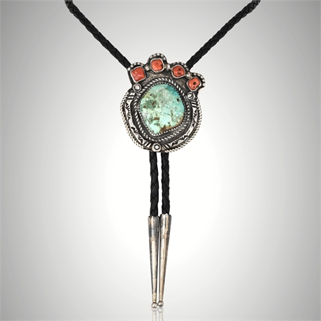 Navajo Sterling Silver Bolo Tie with Turquoise & Coral, Signed RVT