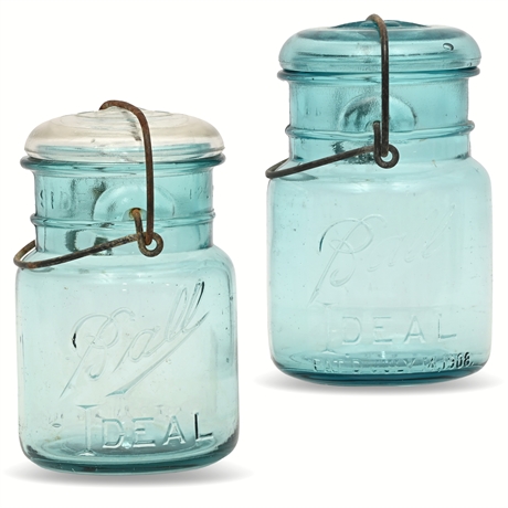 Antique Ball Ideal Aqua Glass Pint Jar Set with Aqua and Clear Lids