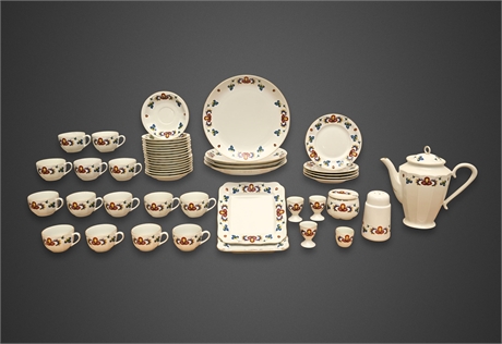 Porsgrund Norway "Farmers Rose" Folk-Pattern Porcelain Service, 1973 — 44 Pieces