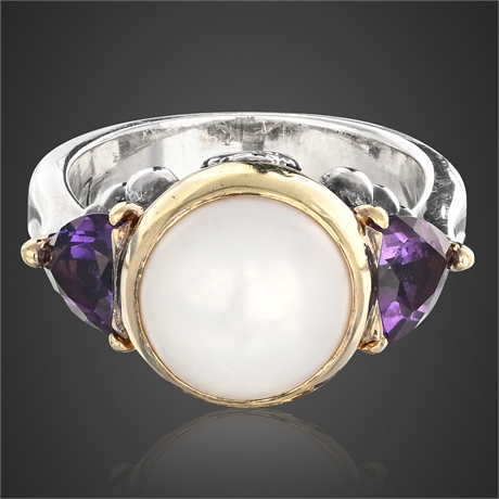 Lagos Caviar Pearl & Amethyst Ring – Sterling & 18K, Size 6
