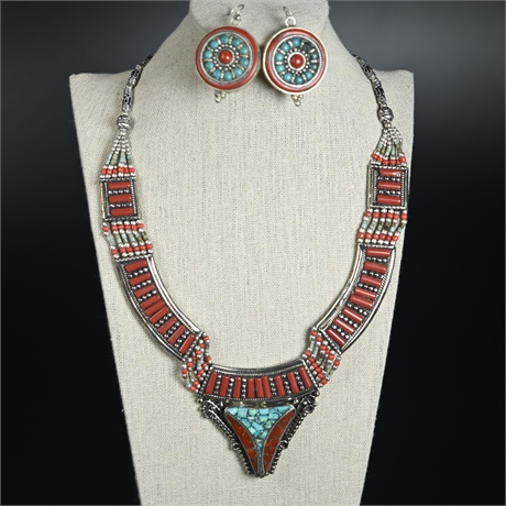 Nepalese Tibetan Silver Necklace & Earring Set