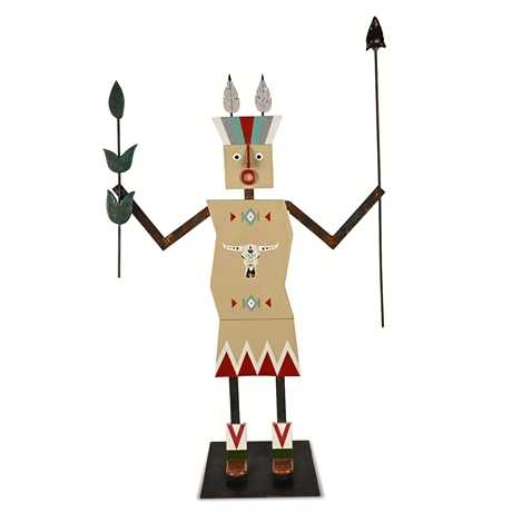 Signed Steel & Ceramic Mixed-Media Figure Sculpture, 42"