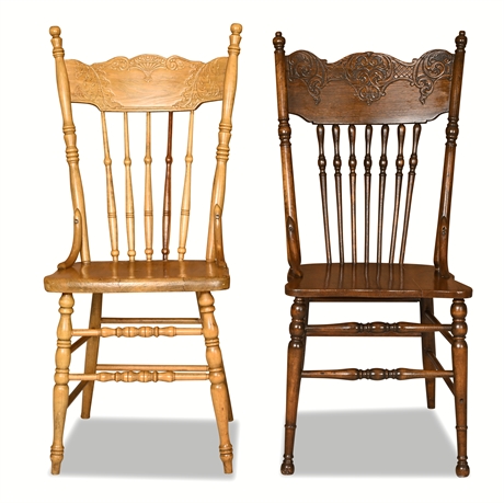 Pair of Antique Oak Pressback Dining Chairs – Light & Dark Finish