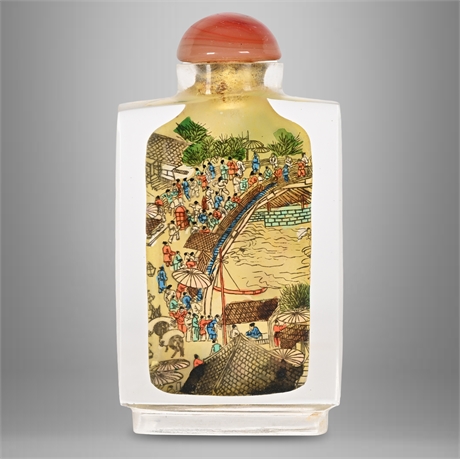 Reverse-Painted Chinese Glass Snuff Bottle – Bridge & River Market Scene