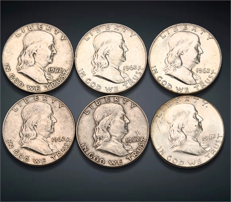 1962 (6) Franklin Silver Half Dollars