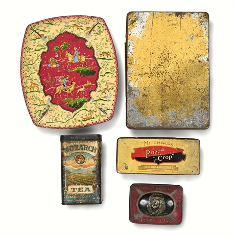 (5) Vintage Tin Lot Colorful Advertising Tea Tobacco Pins England