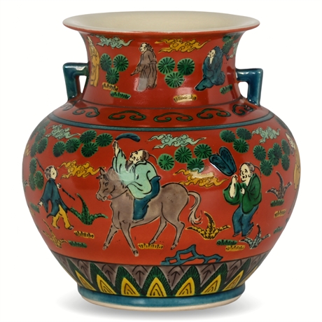 Hand-Painted Japanese Kutani Ceramic Vase with Figural Motif