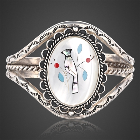 Zuni Sterling Silver Inlay Bird Cuff Bracelet Signed AB, 1970s