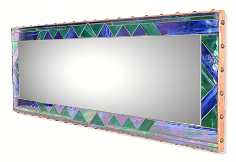 Mountain Mosaics Stained Glass Mirror by Terry Romanin – Copper & Brass, Signed