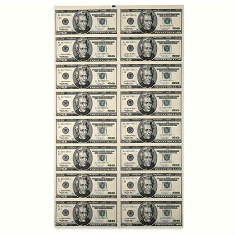 Uncut 16-Note $20 Sheet — Series 1996 AL Star Notes, BEP Display Holder