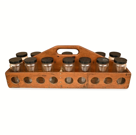 Hand-Built Oak Caddy with 14 Glass Storage Jars, Dated 1979