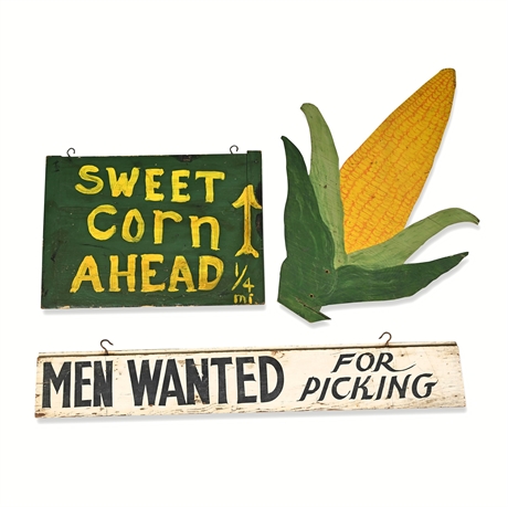Hand-Painted Farmstand Sign Group — Sweet Corn, Corn Cob & "Men Wanted"