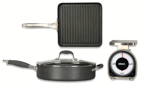 Calphalon Grill Pan, Anolon 5 Qt Saute, Pelouze 50 lb Scale