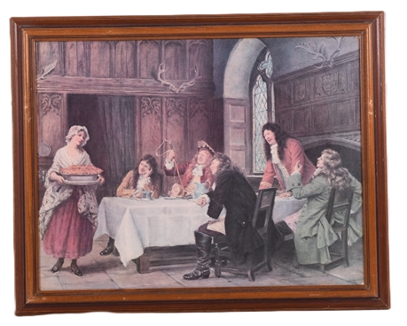 Framed Print of Historical Interior Scene, Group in Period Attire