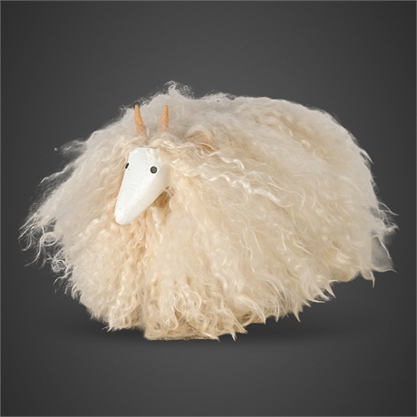 Folk Art Wool-Covered Sheep Sculpture, Wood & Leather Details