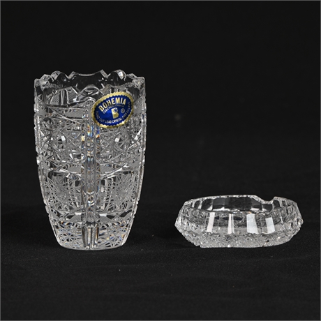 Bohemia Czechoslovakia Cut Crystal Vase & Cigar Ashtray
