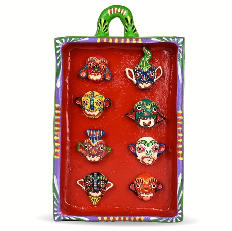 Gerardo Ortega Family Mexican Folk Art Plaque – 8 Hand-Painted Masks