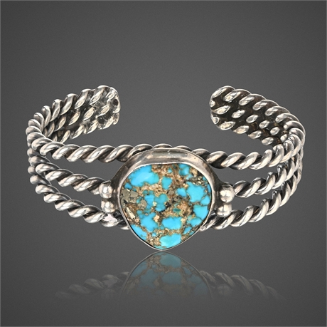 Navajo Sterling Cuff Bracelet w/ Turquoise – 45g, Twisted Wire, Vintage