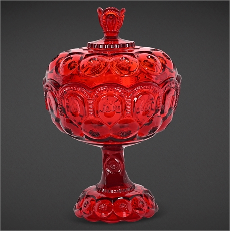 L.G. Wright Ruby “Moon & Star” Covered Compote, 12 5/8"