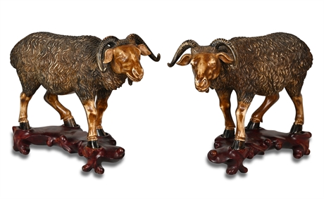 Pair Ram Sculptures with Rosewood Stands