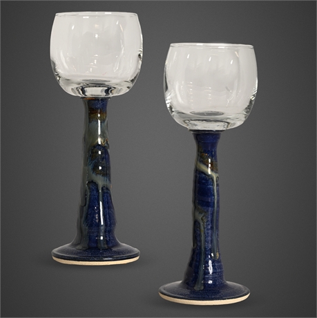 Signed Stoneware & Glass Wine Goblets – Pair, 8 1/2"