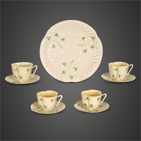 Belleek Shamrock Parian China Tea Set 1946–55 — 4 Cups, 4 Saucers, Plate