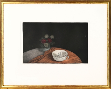 Tomoe Yokoi “Flowers and Teacup” Mezzotint — Signed A.P., Gilt Frame